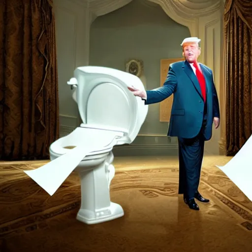 Image similar to stunning awe inspiring donald trump throwing papers into the toilet, movie still, 8 k hdr atmospheric lighting