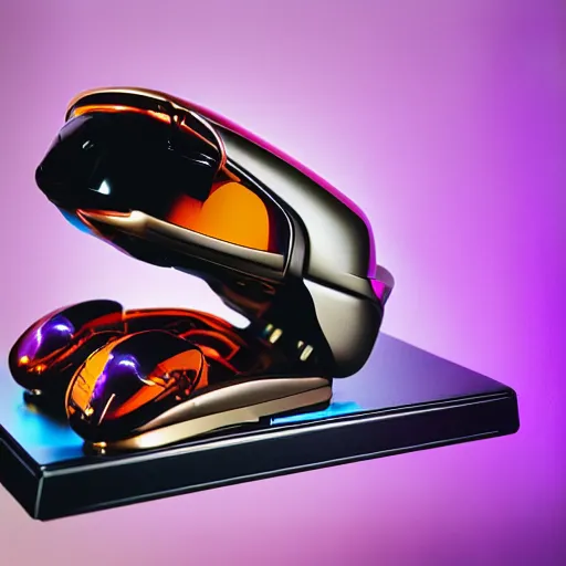 Prompt: award winning product photography, 3 5 mm lens, of a glossy orange metallic and shiny purple metallic shiny ergonomic hololens as off bugatti cheyvron, holographic display lenses, studio lighting,