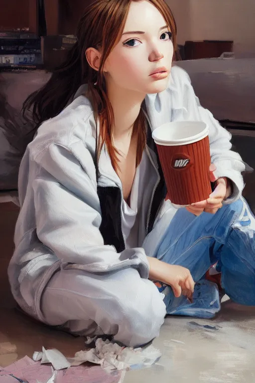 Prompt: A ultradetailed beautiful panting of a stylish girl sitting on the floor of a messy apartment, she is wearing an oversized Nike jacket, she is holding a Styrofoam cup, Oil painting, by Ilya Kuvshinov, Greg Rutkowski and Makoto Shinkai