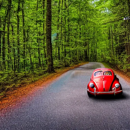 Prompt: promotional scifi - mystery movie scene of a ( volkswagen beatle ) and ladybug hybrid that's more ladybug. racing down a dusty back - road in smokey mountains tennessee. cinematic, 4 k, imax, 7 0 mm, hdr