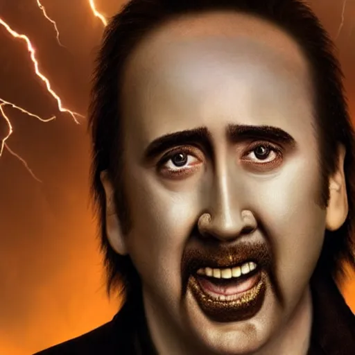 Image similar to closeup shot of nicolas cage with crazy grin and dramatic lightning and backlightning, highly detailed