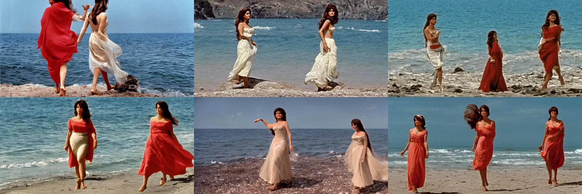 Prompt: Still of an Italian movie (1964) showing Claudia Cardinale walking in front of the sea in the style of the Birth of Venus. Technicolor, cinematic, intricate