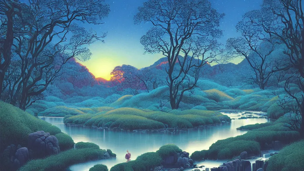 Prompt: digital painting of a lush river valley by gerald brom. blue river. cold icy winter day. sunset. chiho aoshima. digital render. detailed. beautiful landscape.