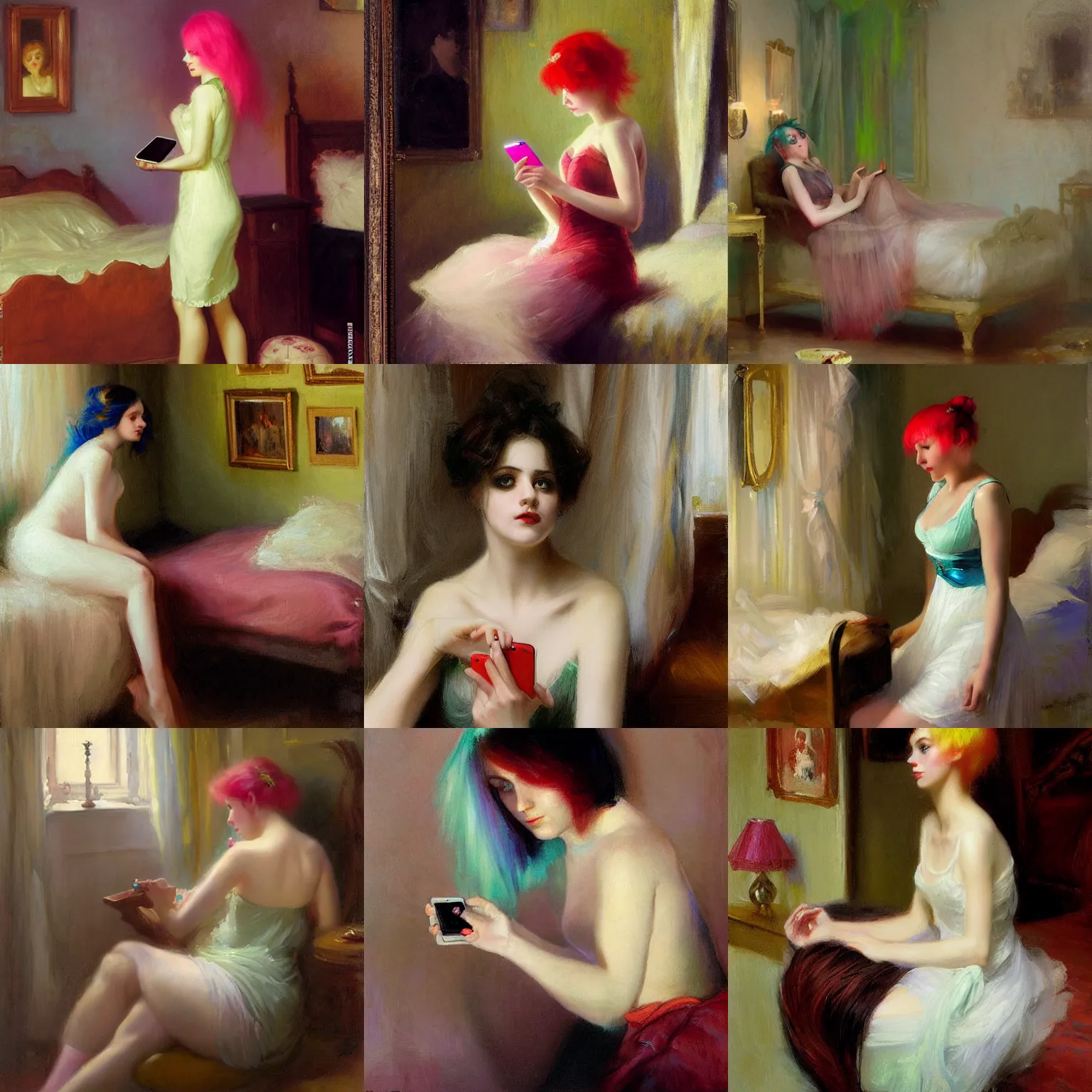 Prompt: pale emo girl with neon hair holding an iphone looking sad in a bedroom, by vladimir volegov and alexander averin and delphin enjolras and daniel f. gerhartz