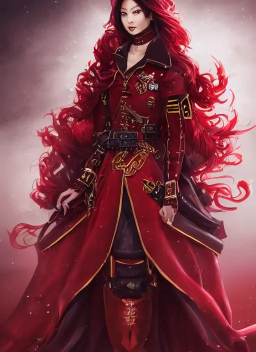 Prompt: a highly detailed illustration of meisa kuroki as a long dark red haired wearing wine red epaulette uniform and long coat cape, dramatic smiling pose, perfect face, intricate, elegant, highly detailed, centered, digital painting, artstation, concept art, smooth, sharp focus, league of legends concept art, wlop