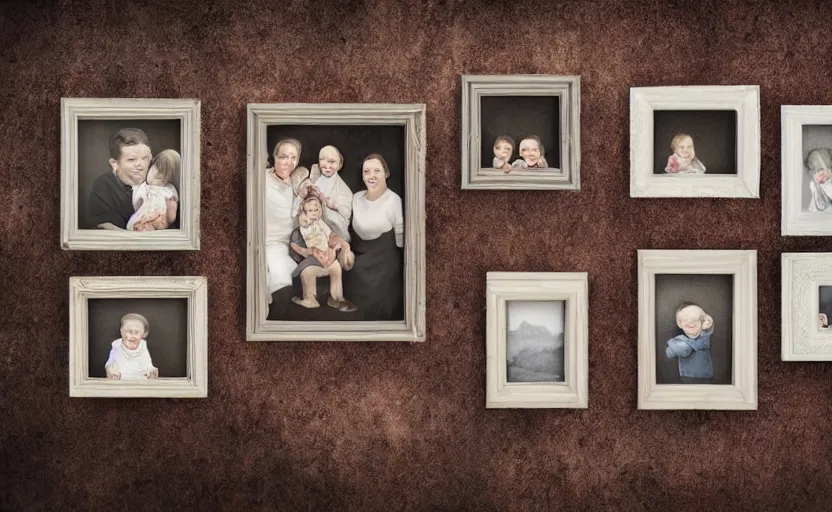 Prompt: storybook illustration of family photo portraits in picture frames on a wall, watercolor, sepia tints