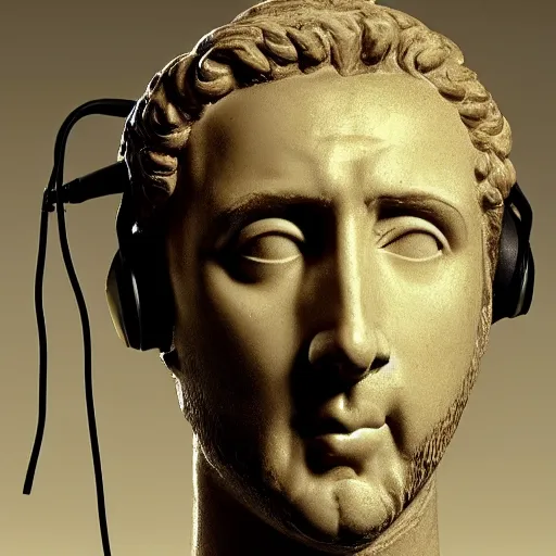 Image similar to a roman bust of Nicolas Cage wearing headphones listening to music, in the stule of vaporwave