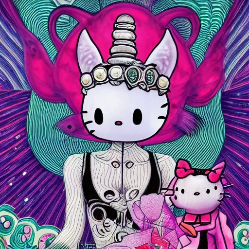 Prompt: a detailed painting of a baphomet poorly disguised as hellokitty by Junji ito and Lisa frank, mobius, giger, escher, muted color scheme, artstation,8k,artstationHD,artstationHQ, cinematic, diffuse lighting