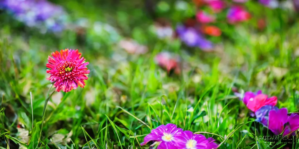 Prompt: A beautiful and colorful flower in the middle of a green and beautiful garden with tall trees where water drops shine on the grass and the sun shines gently on the leaves of the trees, professional photography