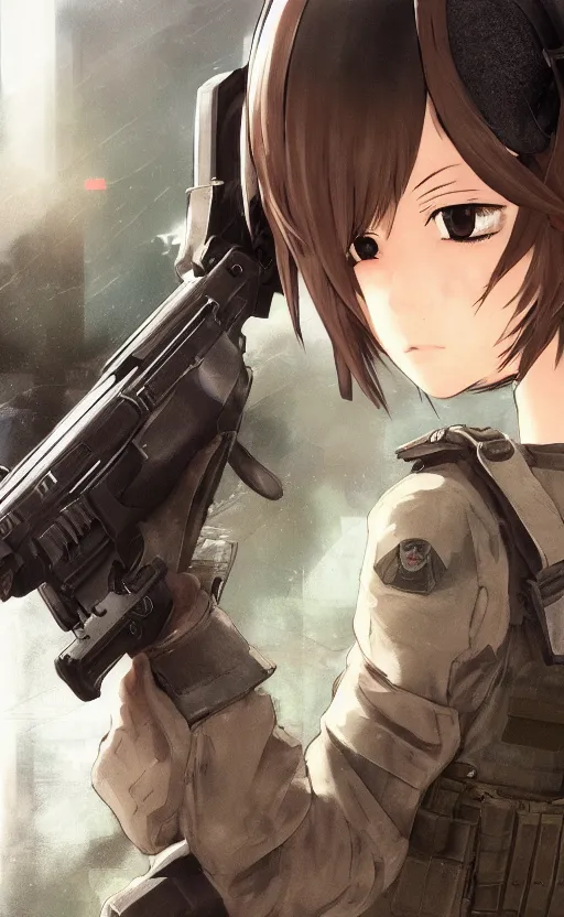 Prompt: a girl, urban warfare, soldier clothing, combat helmet, anime style, short hair, hair down, symmetrical facial features, from arknights, hyper realistic, 4 k, rule of thirds, extreme detail, detailed drawing, trending artstation, hd, escape from tarkov, realistic lighting, by alphonse mucha, greg rutkowski, sharp focus, backlit