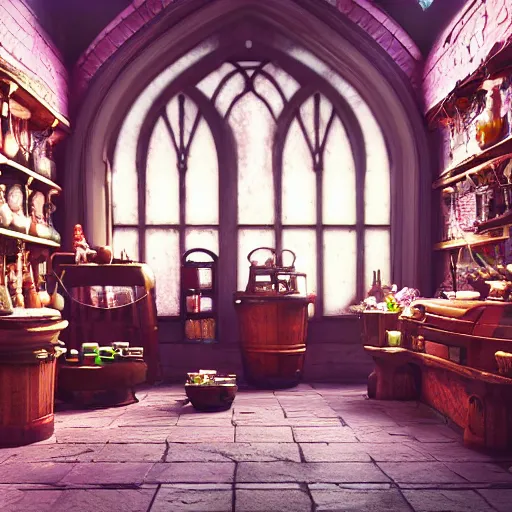 Image similar to inside a magical item shop, fantasy potion vendor interior, ufotable studio art style, gothic interior, 8 k, octane render, unreal engine