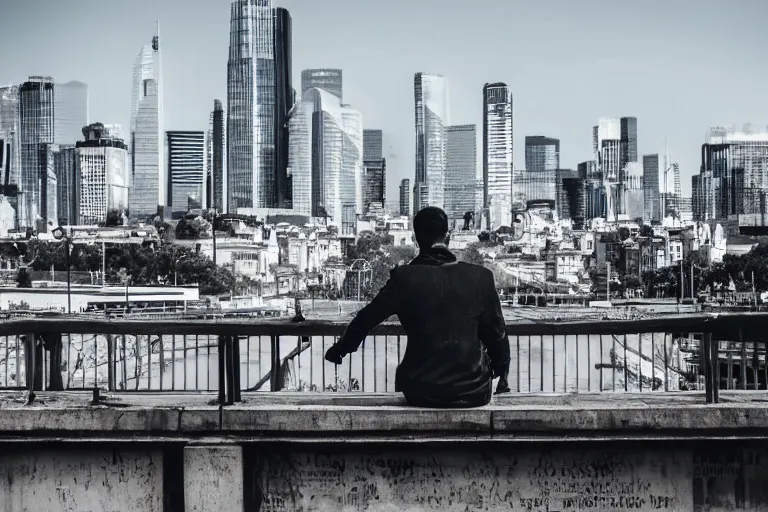 Prompt: A man sitting on a footbridge, city in the background