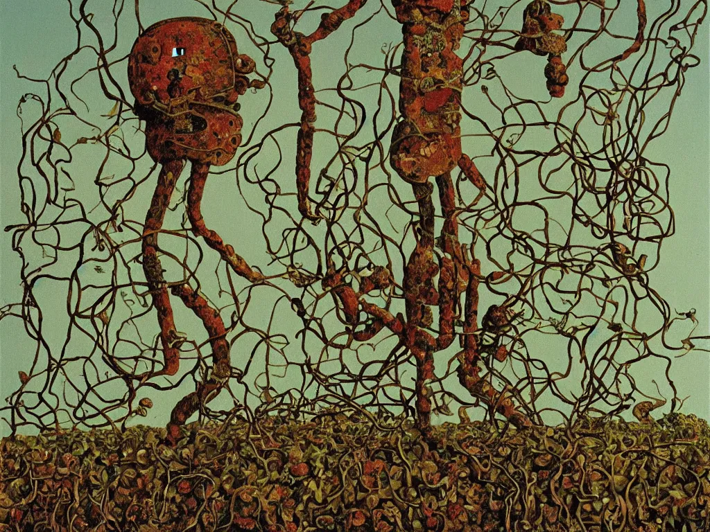 Prompt: painting of a rusty robot overgrown with vines and mushrooms growing out of its head, by Salvador Dali, by Rene Magritte, high quality, simplicity, exquisite