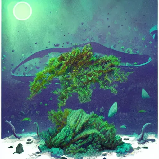 Image similar to Photograph of an underwater alien base, photorealistic, colorful, seaweed, moonlight, dark, smog,