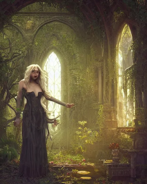 Image similar to Beautiful art portrait of taylor momsen as a fantasy gothic priestess in a bright temple surrounded by lush forest, atmospheric lighting, intricate detail, cgsociety, hyperrealistic, octane render, RPG portrait, ambient light, dynamic lighting