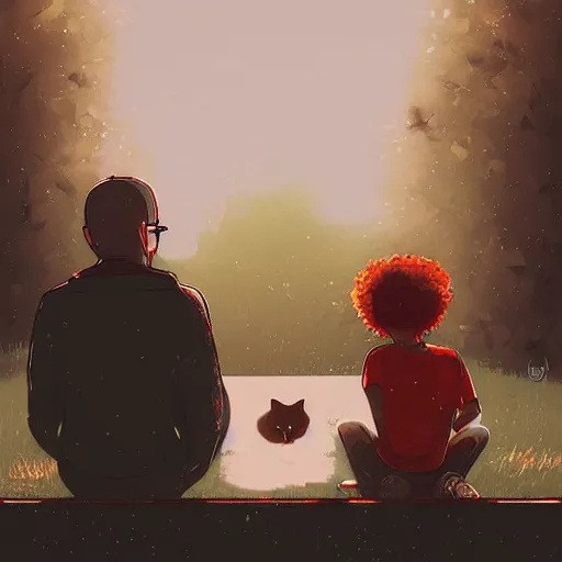 Image similar to a man and a woman sitting down with their white cat, the boy is bald with a brown baseball hat, the girl has short curly black hair, art by Alena Aenami