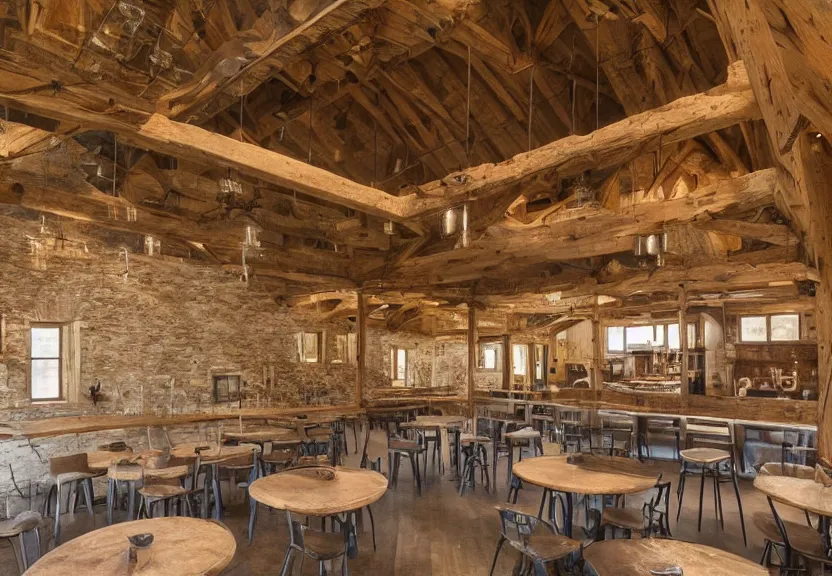 Image similar to interior barn renovation as folk music event space rustic with bar and cafe tables 8k photorealistic