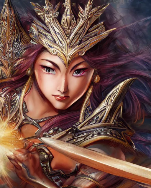 Image similar to A beautiful female warrior being killed by a witch, beautiful face, highly detailed face, close-up, fantasy art, female art, in the style of masami kurumada, illustration, epic, fantasy, intricate, hyper detailed, artstation, concept art, smooth, sharp focus, ray tracing