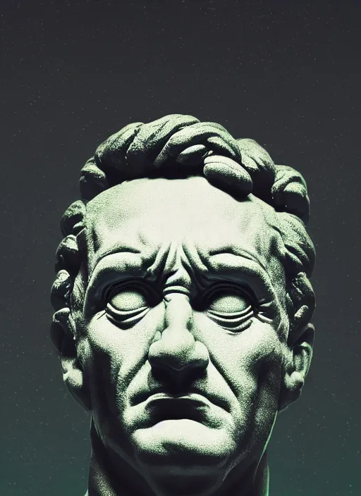 Prompt: portrait of a statue of an angry julius caesar, beeple, vaporwave, retrowave, black background, neon, black, glitch, strong contrast, neon wiring, cuts, pinterest, trending on artstation