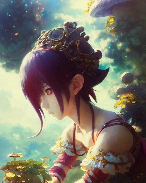 Image similar to mirei kiritani as anime girl, mushroom kingdom, fantasy character portrait, concept art, interesting angle, intricate details, highly detailed by greg rutkowski, gaston bussiere, craig mullins, simon bisley