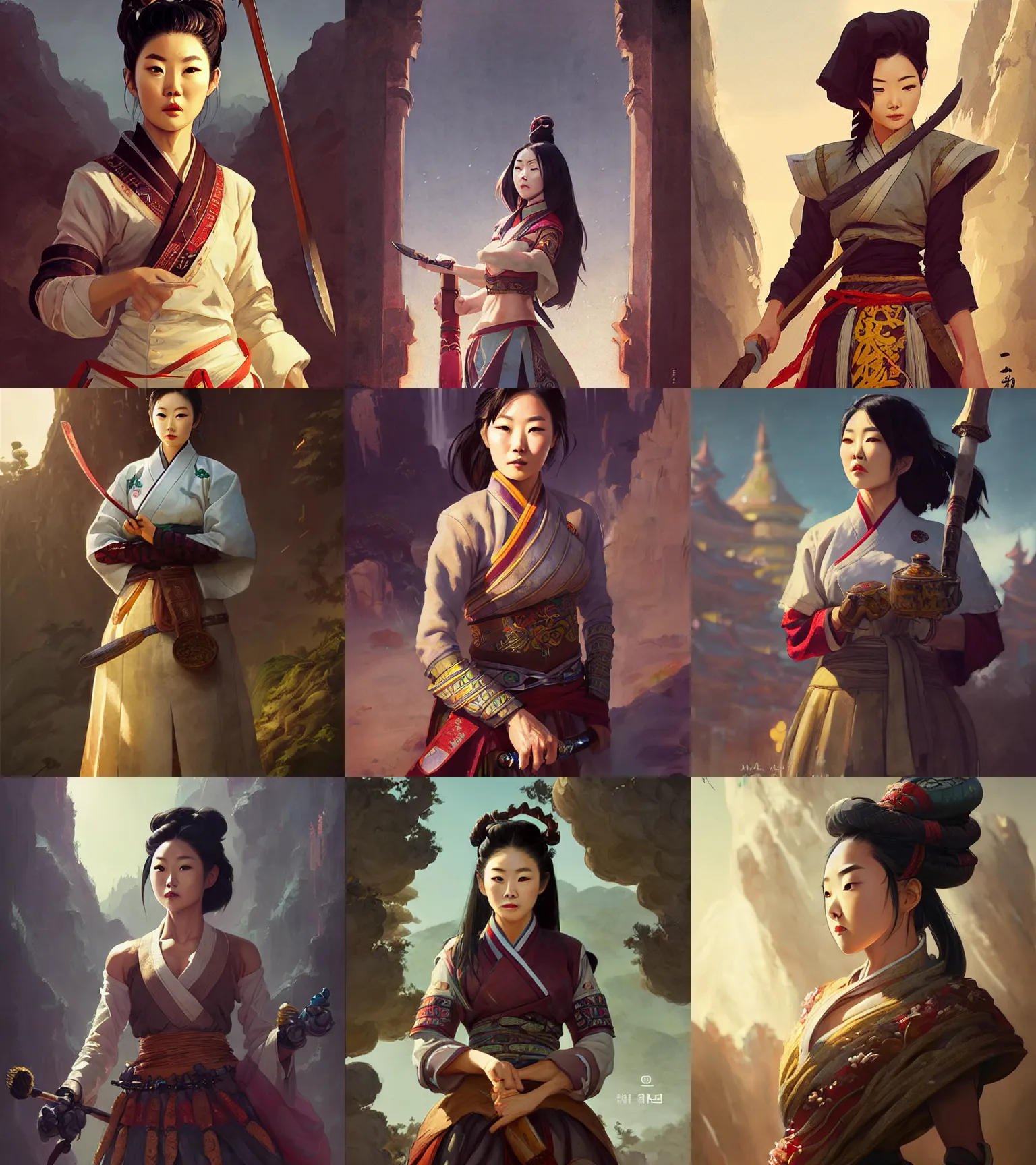 Prompt: a portrait of arden cho chef character in a scenic korean city environment by marco bucci and greg rutkowski and frank frazetta, sharp focus, detailed, cinematic, hanbok, ornate korean polearm behind her