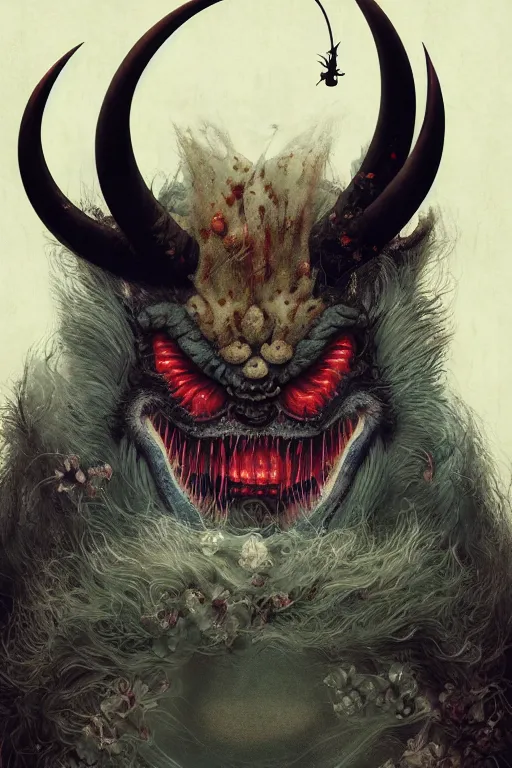 Image similar to a portrait of a japanese horror devil animal illustrated by miyazaki by karol bak, james jean, tom bagshaw, rococo, sharp focus, trending on artstation, cinematic lighting, hyper realism, octane render, 8 k, hyper detailed, vivid, ultra detailed, highly detailed