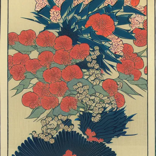 Prompt: bouquet of flowers, centered, symmetrical, ukiyo-e style, Hokusai, Hiroshige