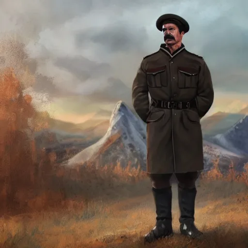 Prompt: fullbody of standing tom selleck, wearing simple russian ww 1 clothes and blue pants in black fur beanie, russian villages at background, style ivan talavera and artgerm, radiant lighting, hyper realistic, photorealistic, octane render, trending on artstation, cgsociety, cinematic light, global illumination, high detailed tom selleck face