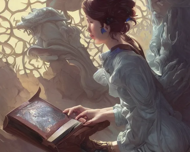 Image similar to faker reading a book, deep focus, d & d, fantasy, intricate, elegant, highly detailed, digital painting, artstation, concept art, matte, sharp focus, illustration, hearthstone, art by artgerm and greg rutkowski and alphonse mucha