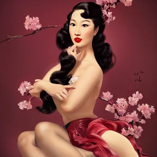 Prompt: pin - up fullbody portrait of a beautiful young asian woman, pretty long hair, intense flirting, showing curves, symmetrical face, digital art, smooth, extremely detailed, model pose, intense look, dream, cherry blossoms, gorgeous young model, traditional beauty, perfect proportions, pretty, by wu bayard, by gil elvgren, by ralph horsley,