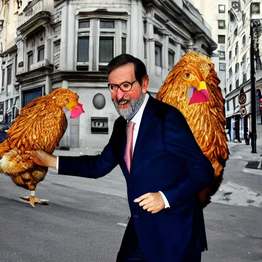 Image similar to corrupt politician laughigh m. rajoy hybrid with the body of a chiken running in the middle of the city, deseperated, high quality photo, ultrarrealistic, award winning photography, hyperrealistic