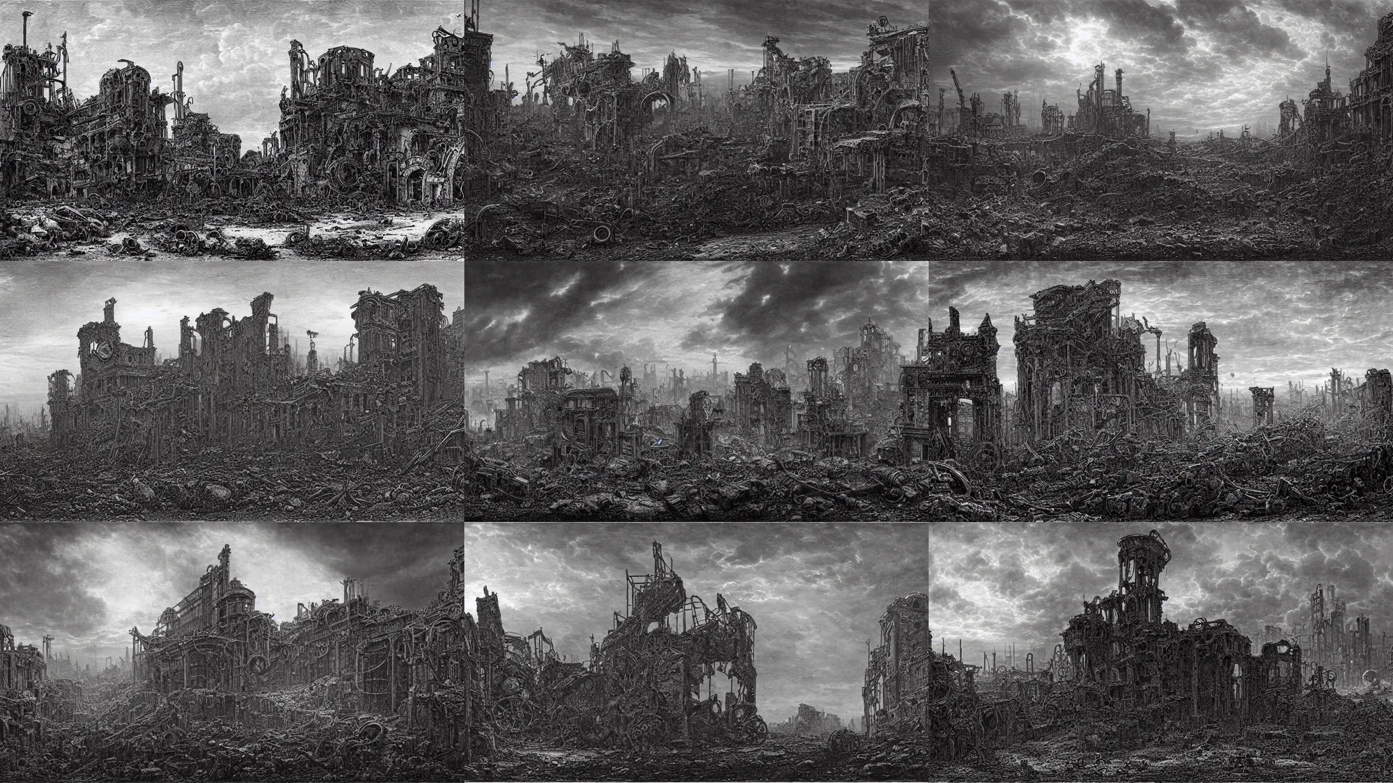 Prompt: a steampunk deserted wasteland, ruined buildings, broken machinery, By Gustave Dore,