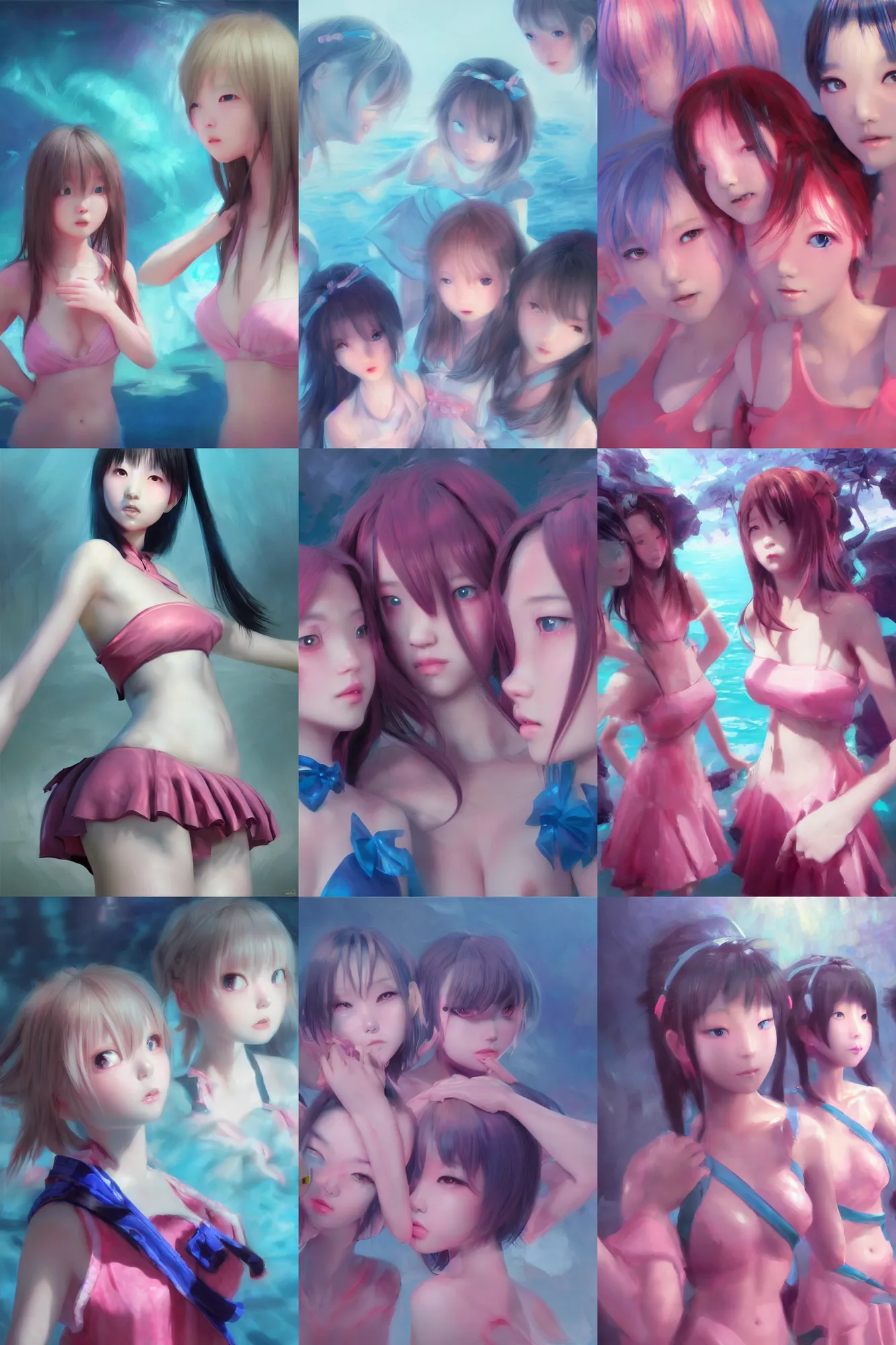 Image similar to 3d dark infrared octane render concept art by D. Jun, by Mo Xiang Tong Xiu, by Igarashi Daisuke, beauty portrait anime schoolgirls under dark pink and blue water. cute face. dramatic light, trending on artstation, oil painting.