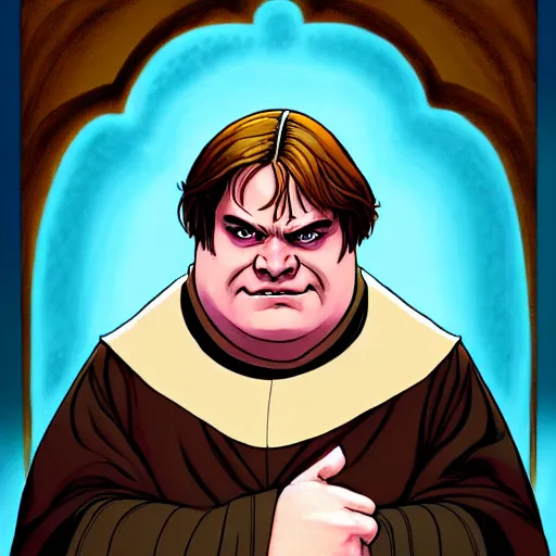Prompt: a fantasy comic - style full portrait of a jolly friar who looks like chris farley, digital illustration by ken taylor and sana takeda and jenny frison, character design, concept art, fine inking lines, vivid colors, dnd, highly detailed!, hd, 4 k, trending on artstation