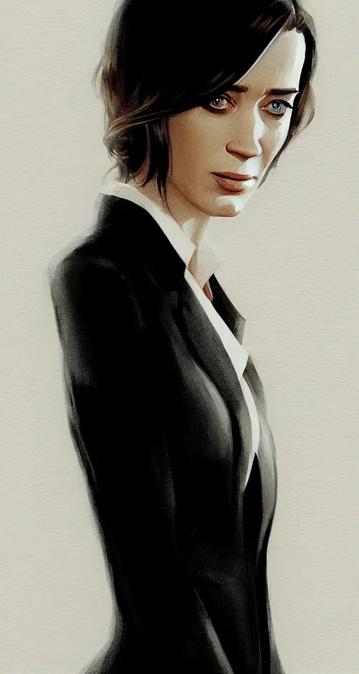 Image similar to portrait of emily blunt as business woman, black suit, white shirt, black tie, intricate, headshot, key visual, conceptart, ambient lighting, highly detailed, digital painting, artstation, concept art, sharp focus, by makoto shinkai and akihiko yoshida and greg manchess