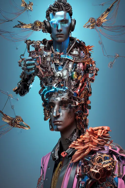 Image similar to full-body cyberpunk style sculpture of a young handsome Colombian prince half android with a chest opening exposing circuitry and electric sparks, glowing pink eyes, crown of blue flowers, flowing salmon-colored silk, fabric, raptors. baroque elements. full-length view. baroque element. intricate artwork by caravaggio. many many birds birds on background. Trending on artstation, octane render, cinematic lighting from the right, hyper realism, octane render, 8k, depth of field, 3D