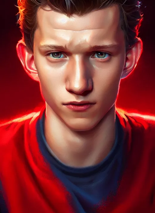 Image similar to portrait of tom holland with hazel eyes, hazel eyes, red shirt, intricate, elegant, glowing lights, highly detailed, digital painting, artstation, concept art, smooth, sharp focus, illustration, art by wlop, mars ravelo and greg rutkowski