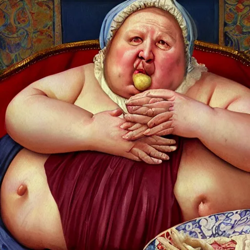 Image similar to of a very funny renaissance style oil painting of a sweet fat old woman kissing herself. symmetrical face, red mouth, blue eyes. a flowered dress. a hyper - realistic scene. 3 d, octane processing, deep focus. a very funny and sweet picture. unreal engine. watercolor. fellini cinematic style. poster quality. freud painting style.