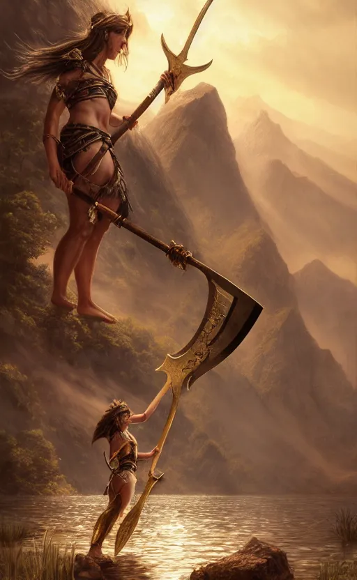 Image similar to lake godness holding gold axe and sliver axe, highly detailed, d & d, water everwhere fantasy, highly detailed, digital painting, trending on artstation, concept art, sharp focus, global illumination, ray tracing, illustration, art by artgerm and greg rutkowski and fuji choko and viktoria gavrilenko and hoang lap