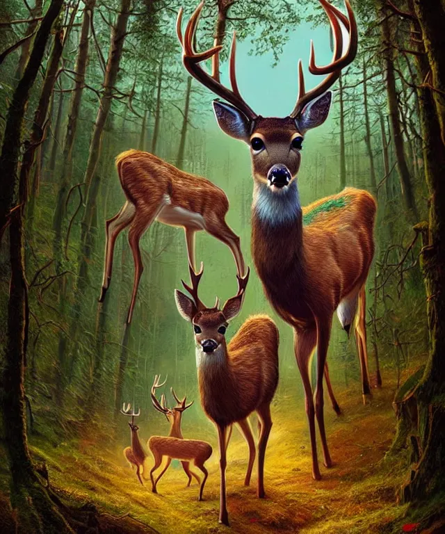 Image similar to a single realistic deer, walking through a psychedelic forest, wide angle landscape shot, pixar style by tristan eaton, artgerm and tom bagshaw