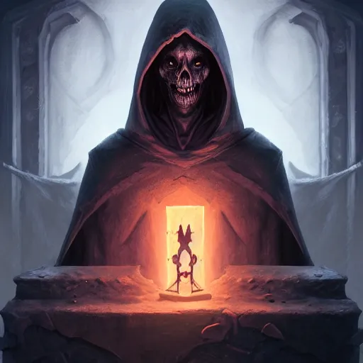 Image similar to necromancer sitting on a throne inside dungeon crypt, wearing a dark hood and completely blank mask, gray stone wall behind him by Stanley Artgerm Lau, WLOP, Rossdraws, James Jean, Andrei Riabovitchev, Marc Simonetti, and Sakimichan, Unreal Engine, 4k, trending on Artstation