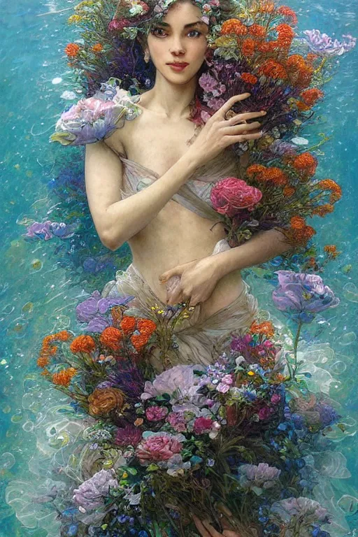 Image similar to portrait of a beautiful mysterious woman holding a bouquet of flowing flowers, hands hidden under the bouquet, submerged underwater filled with coral reef, fantasy, regal, intricate, by stanley artgerm lau, greg rutkowski, thomas kindkade, alphonse mucha, loish, norman rockwell