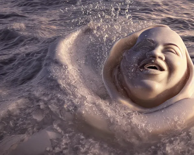 Prompt: a massive porcelain sculpture of a funny squashed human face on the ocean water, licking a donut, cinematic, hyper - realistic, very detailed, realistic water splashes, ray tracing, 8 k resolution, long - shot, sharp focus, low angle, 8 5 mm photograph, wide lens