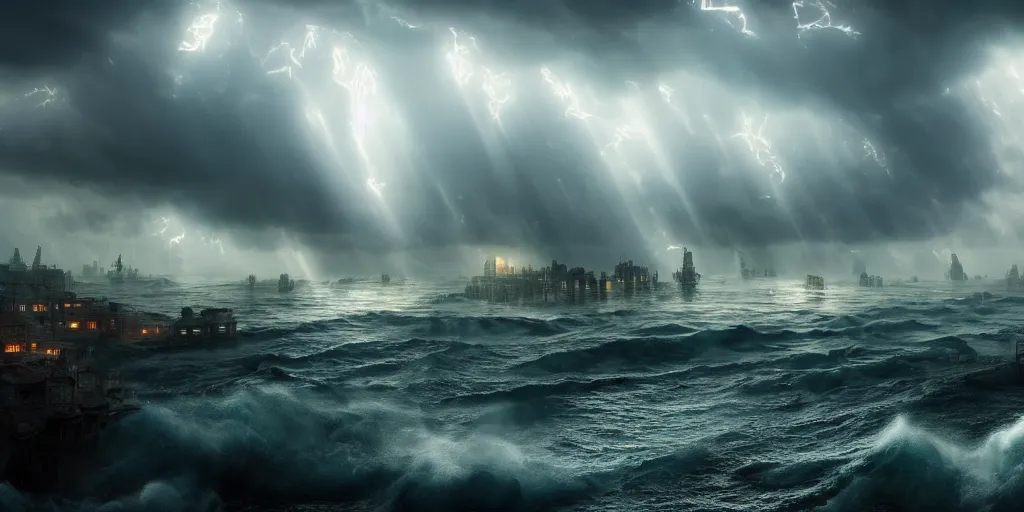 Prompt: a submerged city by james paick, extreme torrential stormy waves, hurricane, matte painting, god rays, 1 5 mm lens, early morning, dramatic lighting, cinematography, game environment design, cinematic, global illumination, highly detailed, bloom