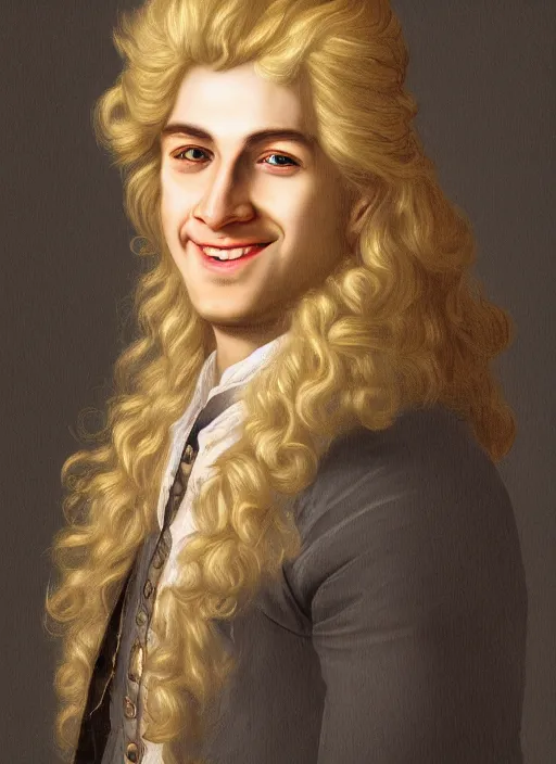 Prompt: portrait of a smiling blond handsome man with long hair in baroque art, anime inspired, High Res 8K,hyperdetailed