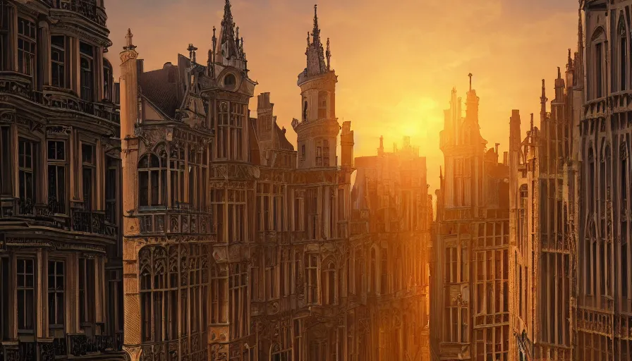 Image similar to neo - gothic brussels, view from the streets, sunset, light between buildings, empty streets, hyperdetailed, artstation, cgsociety, 8 k