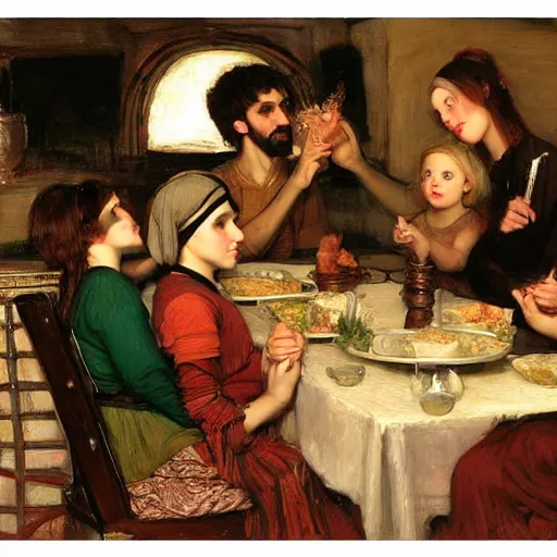 Image similar to a family eating shabbat dinner, painting in the style of john william waterhouse, highly detailed