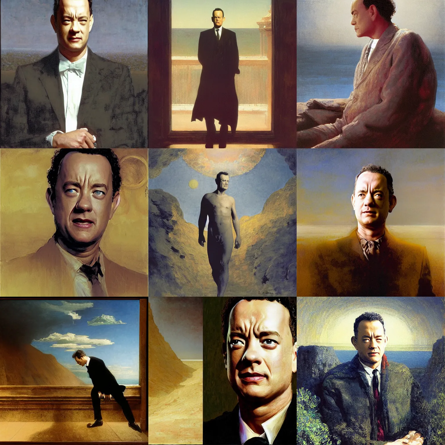 Prompt: tom hanks, matte painting by william blake, ilya repin, amano, rene magritte, craig mullins