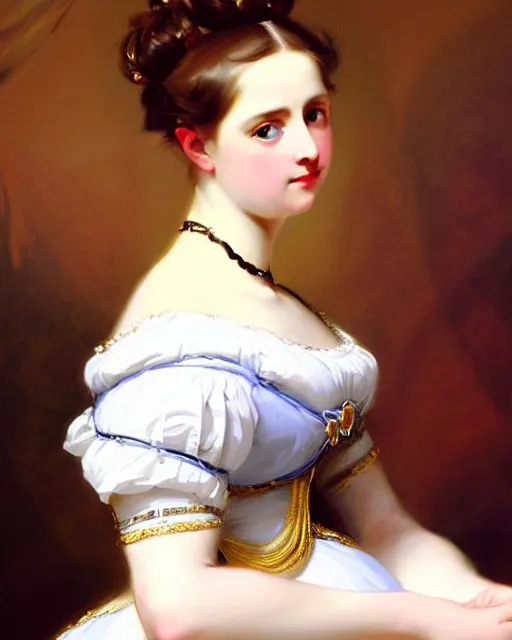 Image similar to beautiful painting of a young german princess with short hair by franz xaver winterhalter, full body painting, oil on canvas, romanticism, intricate details, highly detailed, 1 8 4 0 s style painitngs