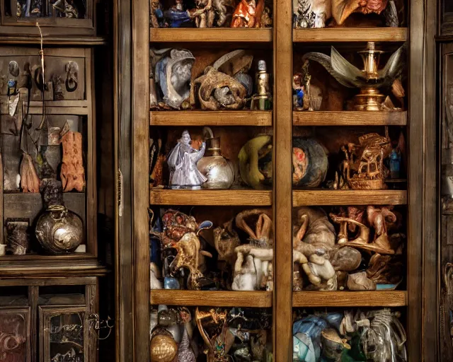 Prompt: a wizards magic cabinet full of oddities and curiosities, esoteric, hd award cinematic photography, studio lighting, 4 k 8 k 1 6 k